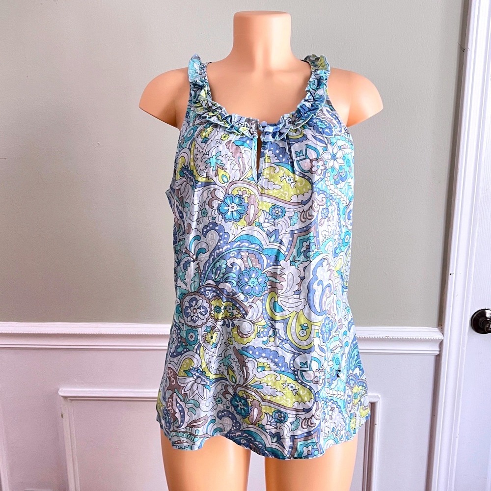 Old Navy Paisley Tank Top Womens Medium Ruffle Keyhole Blue Green Boho Summer‎